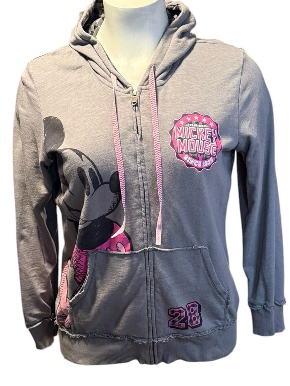 Disney Parks Mickey Mouse Hoodie Womens 1X Gray Pink Zip Up Sweatshirt Y2K